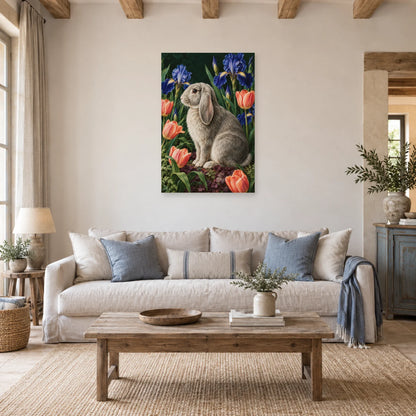Affiche Lapin bélier - Jardin d'iris dans un salon - Art Virtuoso