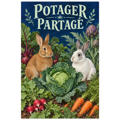 Affiche de lapins au potager – Potager partagé, peinture figurative / affiche vintage verticale, format 60 × 90 cm
