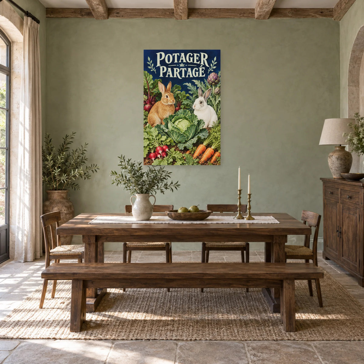 Affiche Lapins - Potager partagé dans une salle à manger - Art Virtuoso