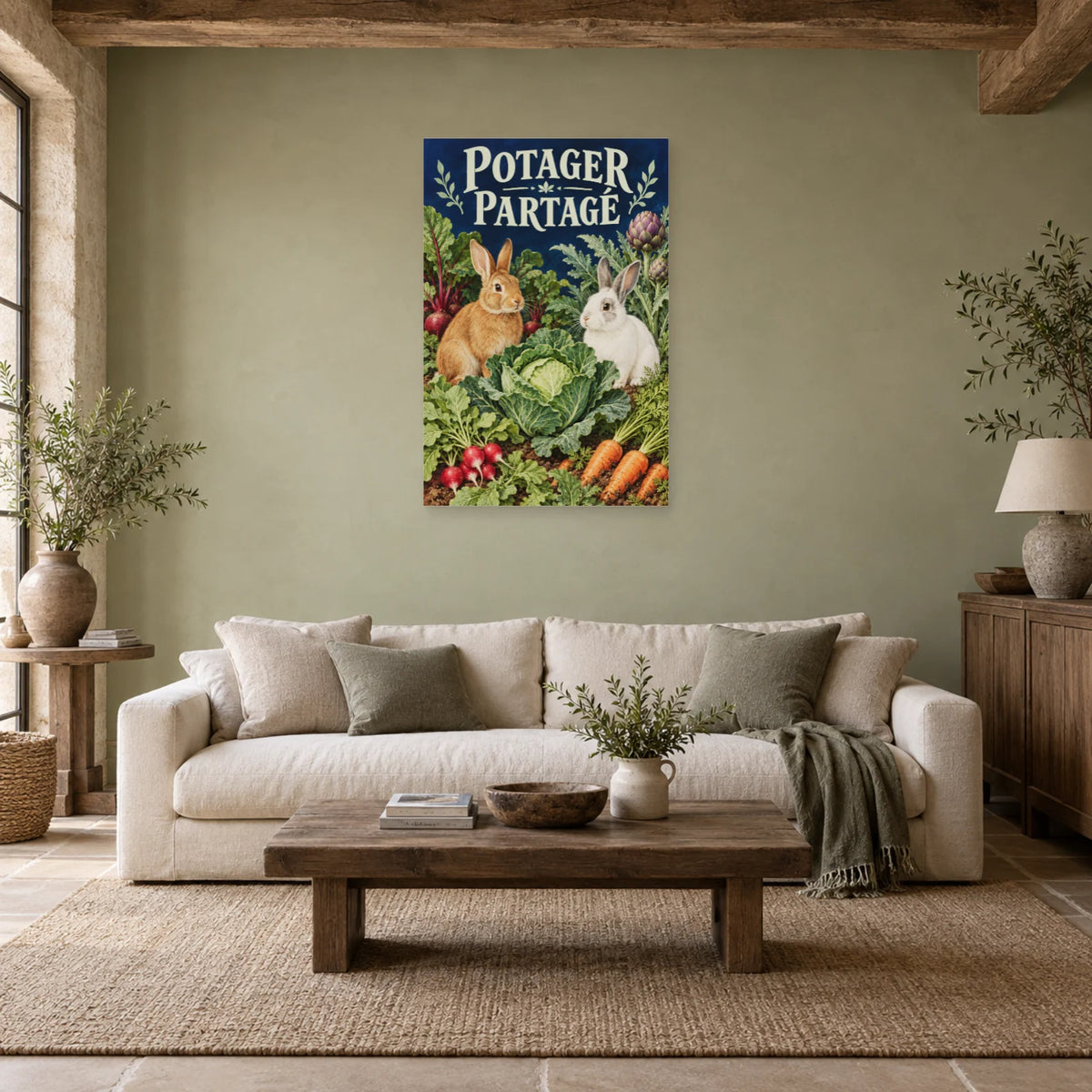 Affiche Lapins - Potager partagé dans un salon - Art Virtuoso