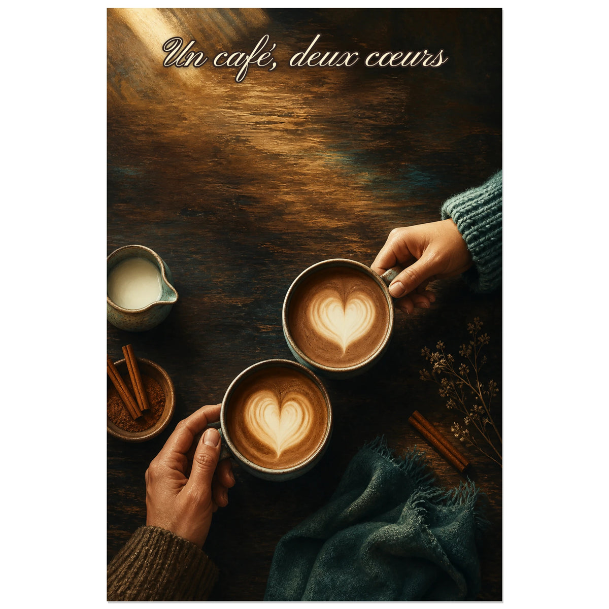 Affiche Un café, deux cœurs - Latte art, nature morte éditoriale peinte avec un réalisme chaleureux verticale, format 30 × 45 cm