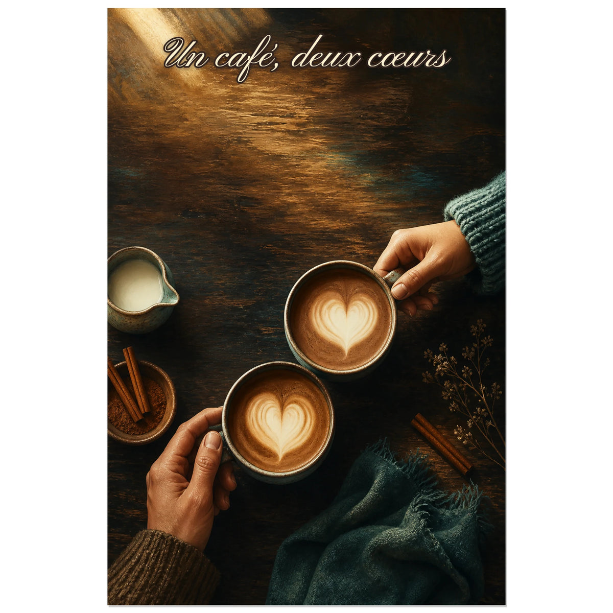 Affiche Un café, deux cœurs - Latte art, nature morte éditoriale peinte avec un réalisme chaleureux verticale, format 40 × 60 cm