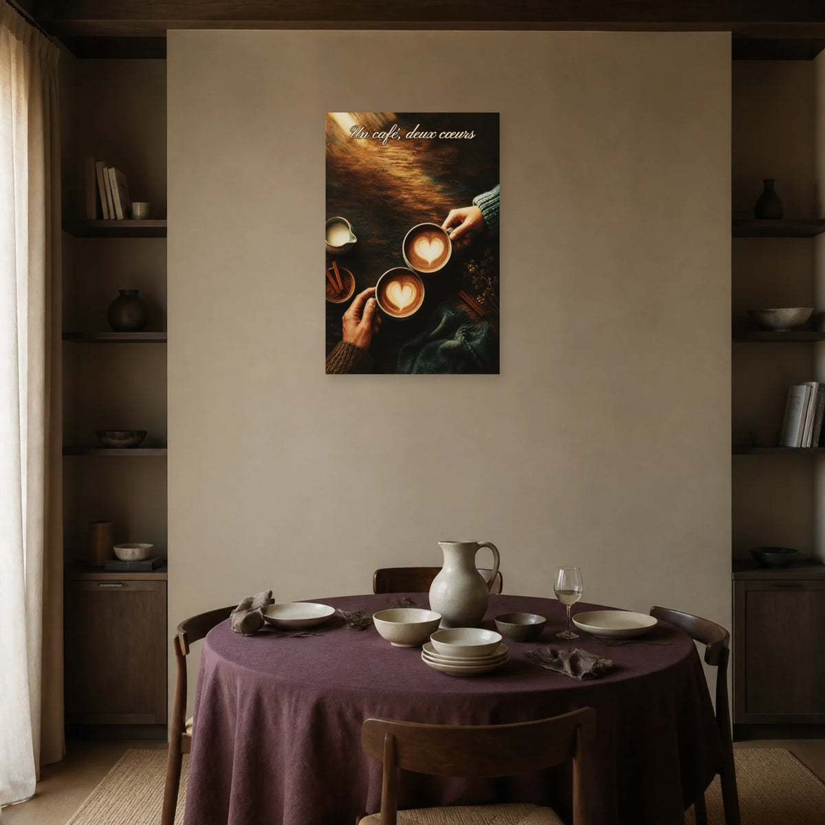 Affiche Un café, deux cœurs - Latte art dans une salle à manger - Art Virtuoso