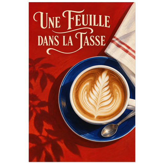 Feuille dessinée dans la mousse du café sur fond rouge, affiche 30 × 45 cm