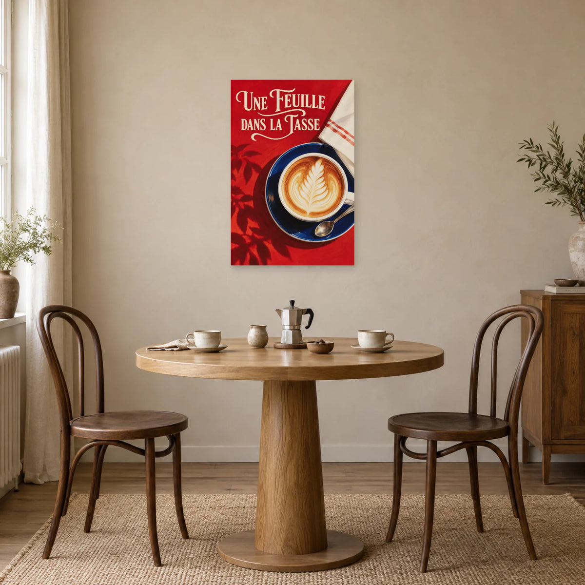 Affiche Latte art - Une feuille dessinée dans une salle à manger - Art Virtuoso