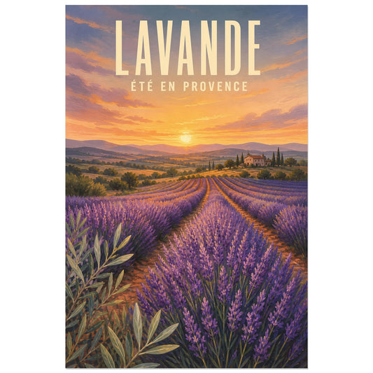 Affiche Lavande – Été en Provence, gouache paysagère contemporaine verticale, format 30 × 45 cm