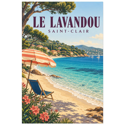 Affiche Le Lavandou - La plage de Saint-Clair, illustration peinte / affiche de voyage rétro verticale, format 40 × 60 cm