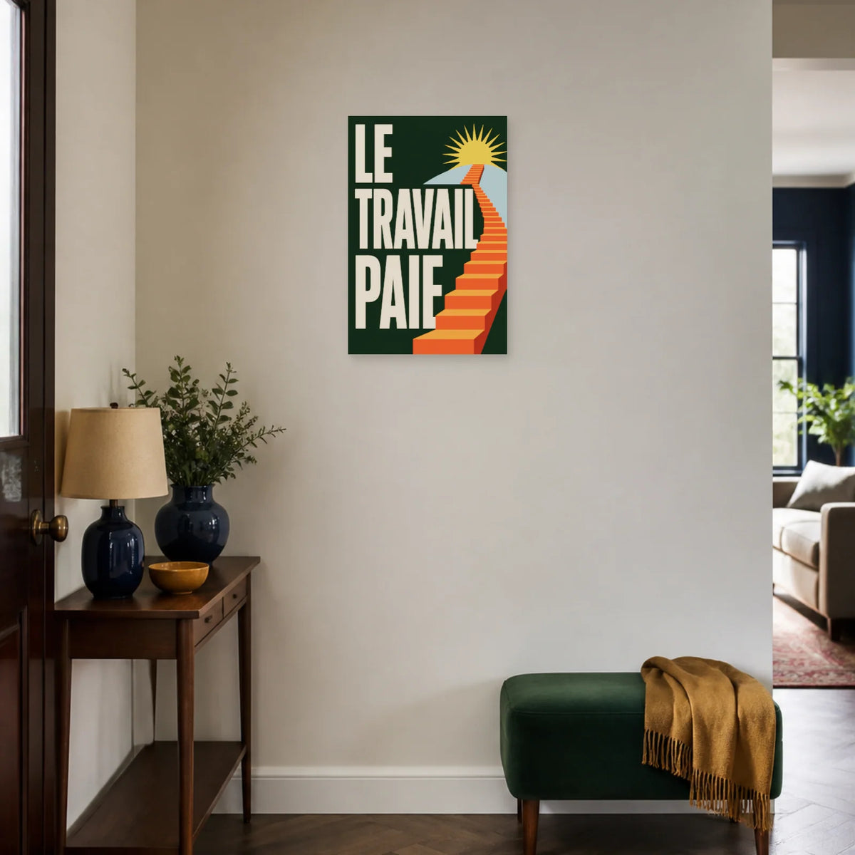 Affiche Le travail paie – Escalier solaire dans une entrée ou un couloir - Art Virtuoso