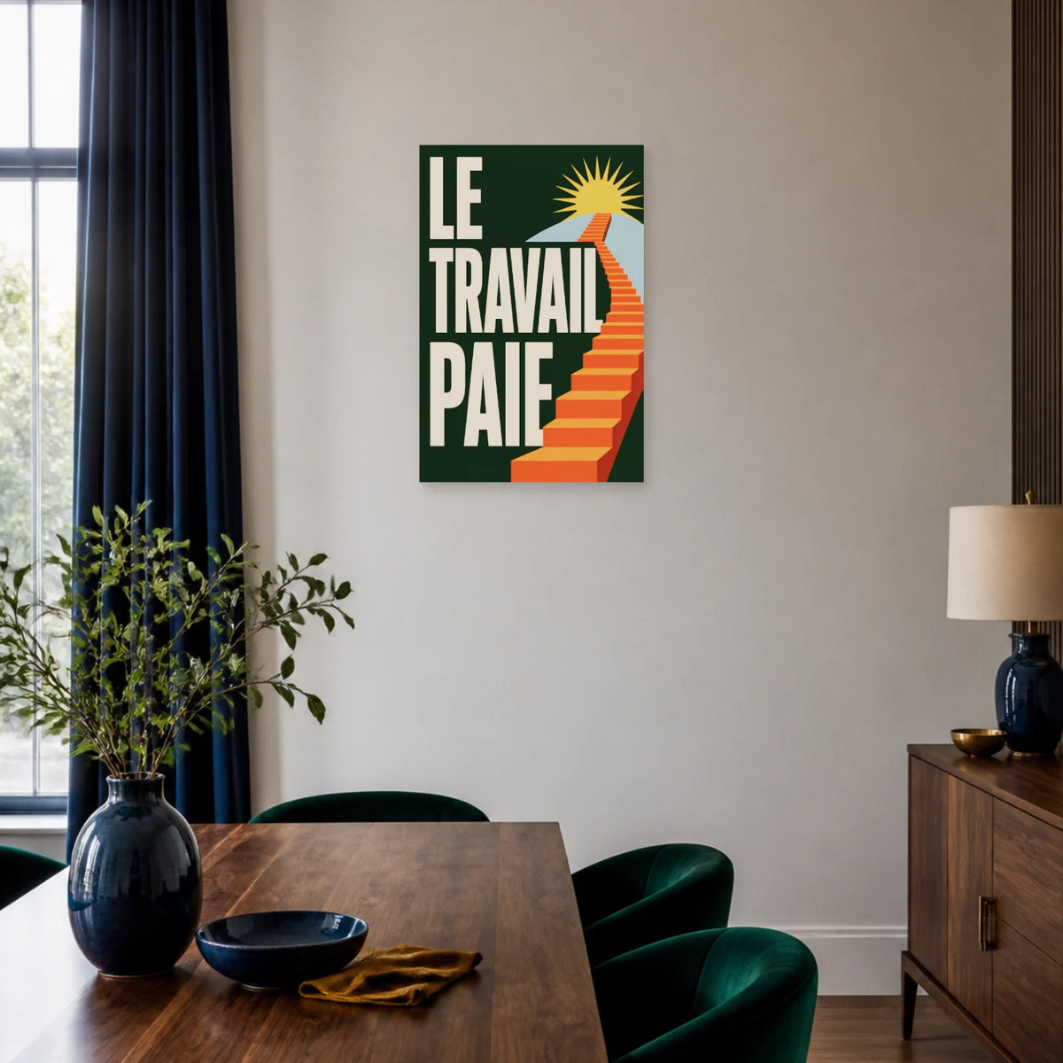 Affiche Le travail paie – Escalier solaire dans une salle à manger - Art Virtuoso