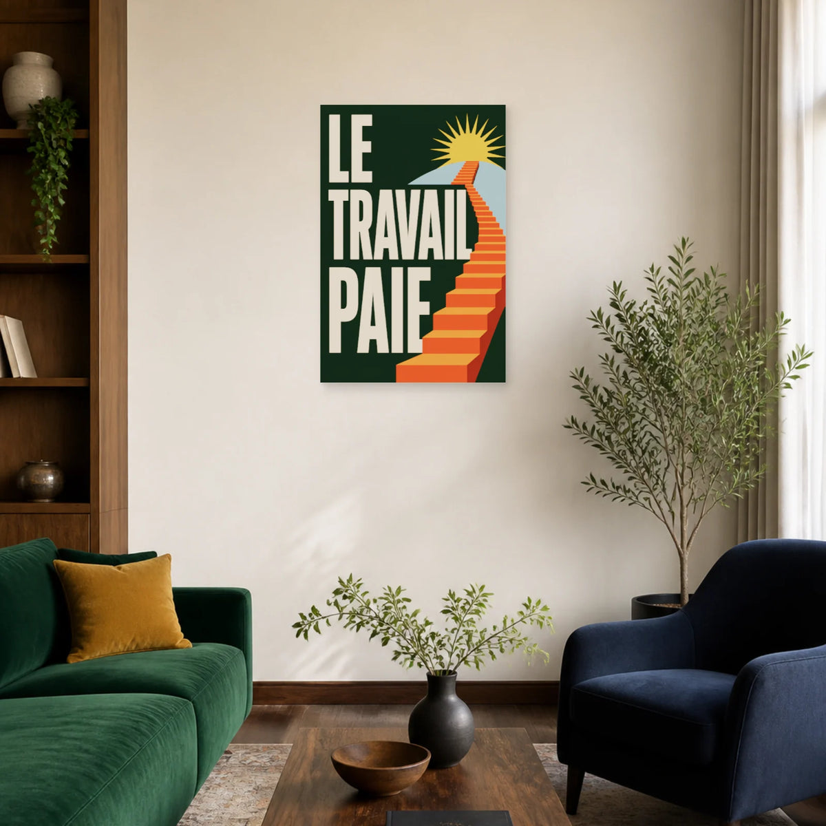 Affiche Le travail paie – Escalier solaire dans un salon - Art Virtuoso