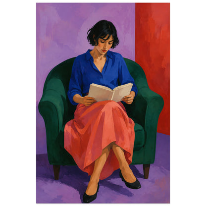 Lectrice en bleu dans un fauteuil vert, affiche 30 × 45 cm