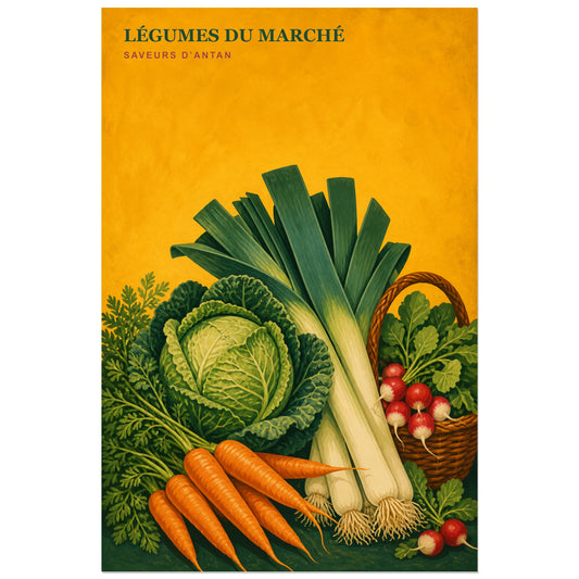 Affiche Légumes du Marché – Saveurs d’Antan, affiche de maraîcher vintage en gouache détaillée verticale, format 30 × 45 cm