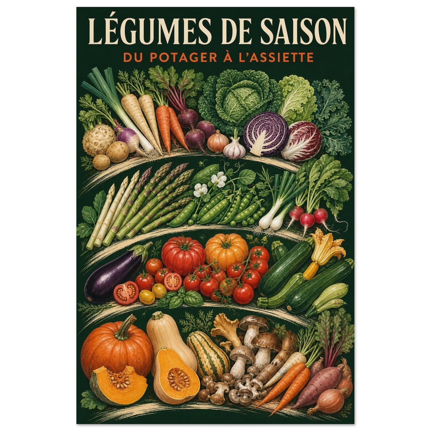 Affiche Légumes de Saison – Du Potager à l’Assiette, gouache contemporaine verticale, format 30 × 45 cm