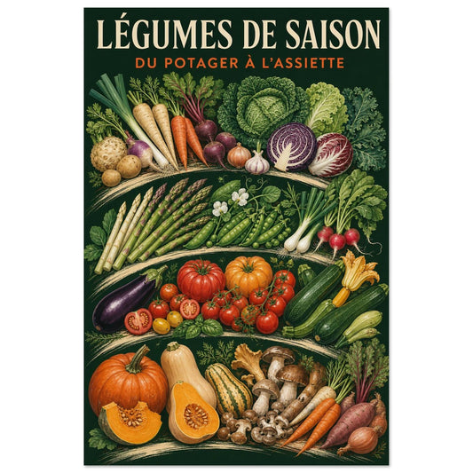Affiche Légumes de Saison – Du Potager à l’Assiette, gouache contemporaine verticale, format 30 × 45 cm