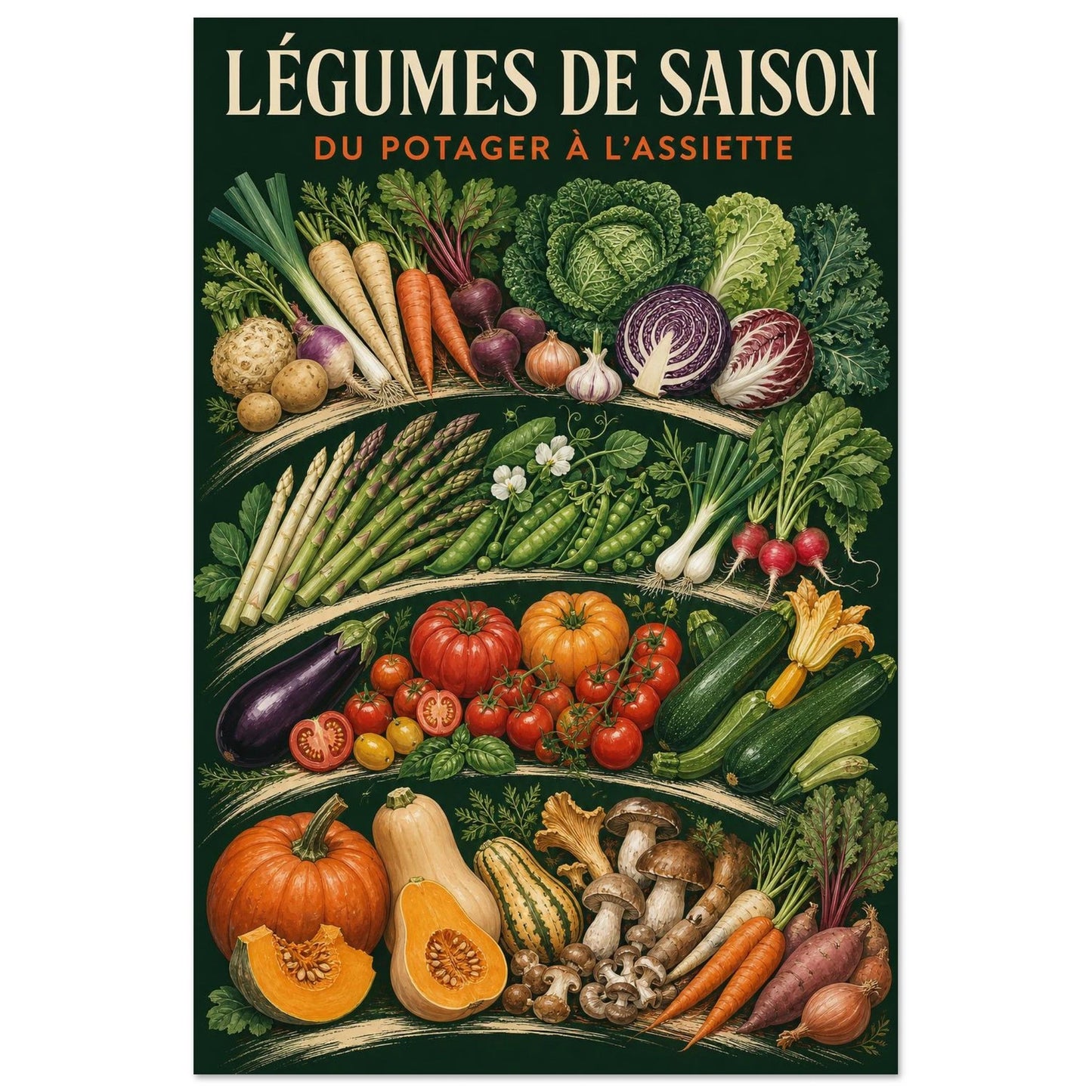Affiche Légumes de Saison – Du Potager à l’Assiette, gouache contemporaine verticale, format 40 × 60 cm