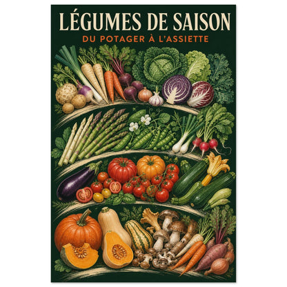Affiche Légumes de Saison – Du Potager à l’Assiette, gouache contemporaine verticale, format 40 × 60 cm