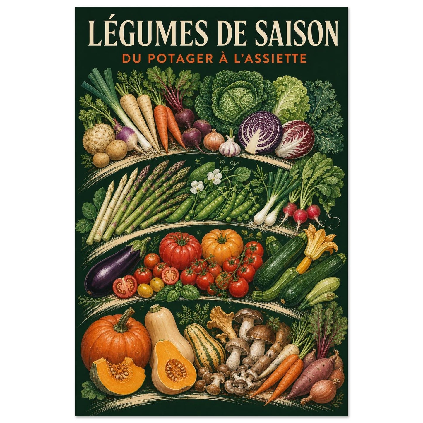 Affiche Légumes de Saison – Du Potager à l’Assiette, gouache contemporaine verticale, format 60 × 90 cm