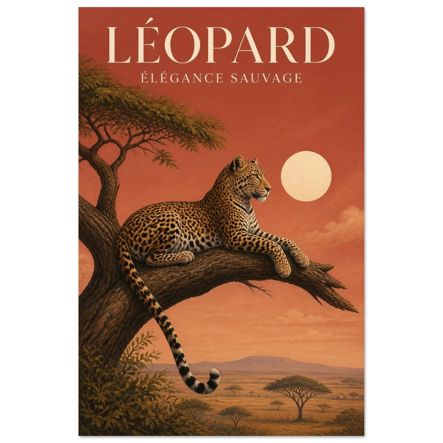 Affiche Léopard – Élégance Sauvage, illustration éditoriale verticale, format 60 × 90 cm