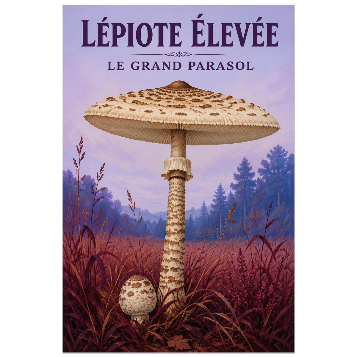 Affiche Lépiote élevée – Le grand parasol, gouache paysagère / affiche vintage verticale, format 30 × 45 cm