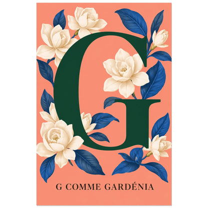 Lettre G verte et fleurs blanches sur corail, affiche 30 × 45 cm