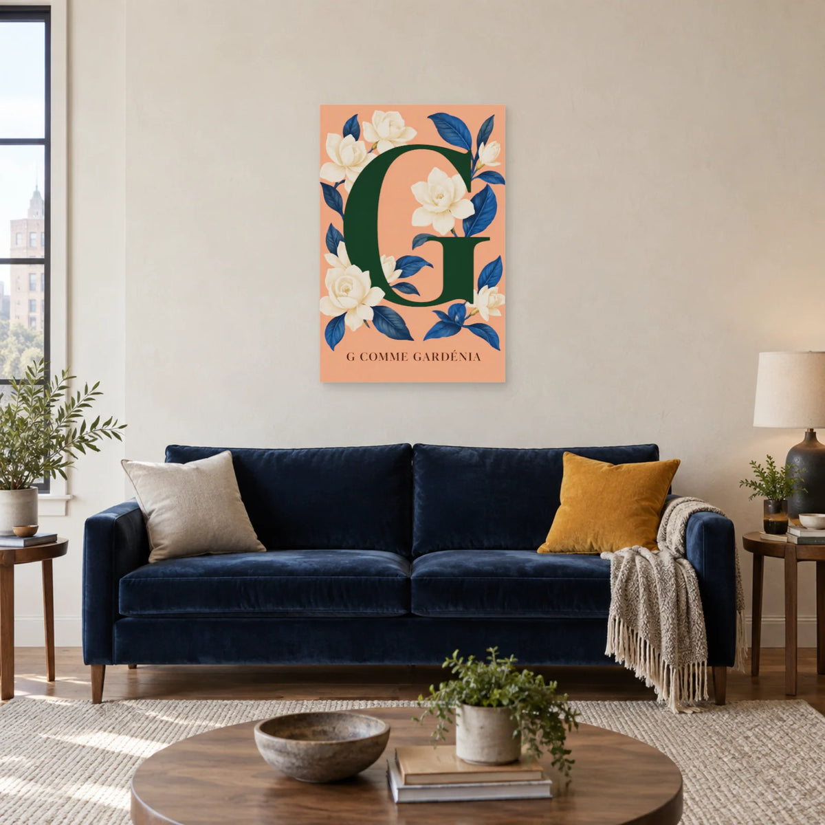 Affiche Lettre G, jardin de gardénia dans un salon - Art Virtuoso