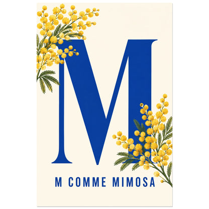 Initiale M bleue et mimosa jaune, affiche 30 × 45 cm