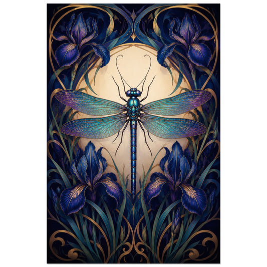 Affiche Libellule Art nouveau – Iris nocturnes, art nouveau contemporain / illustration florale verticale, format 30 × 45 cm