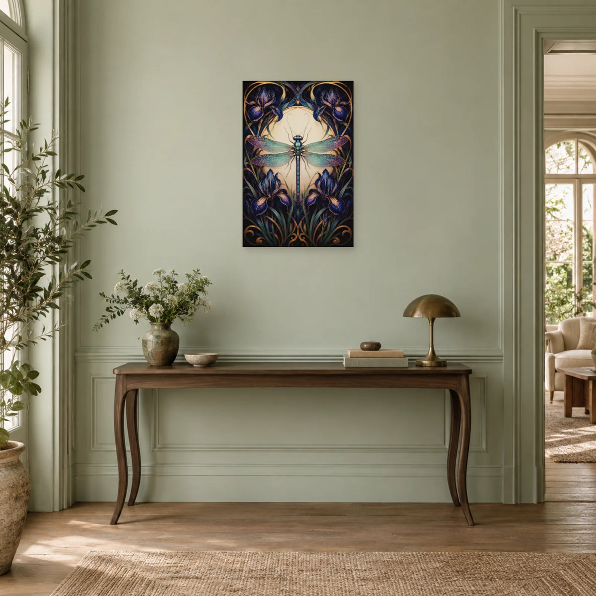 Affiche Libellule Art nouveau – Iris nocturnes dans une entrée ou un couloir - Art Virtuoso