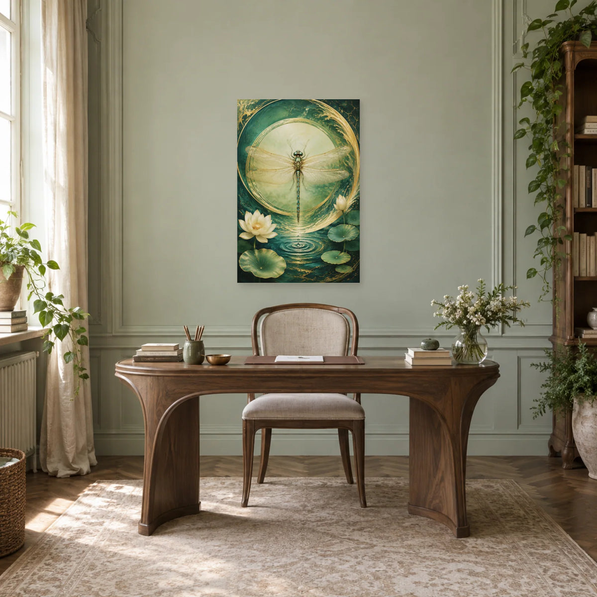 Affiche Libellule Feng Shui – Équilibre de jade dans un bureau - Art Virtuoso
