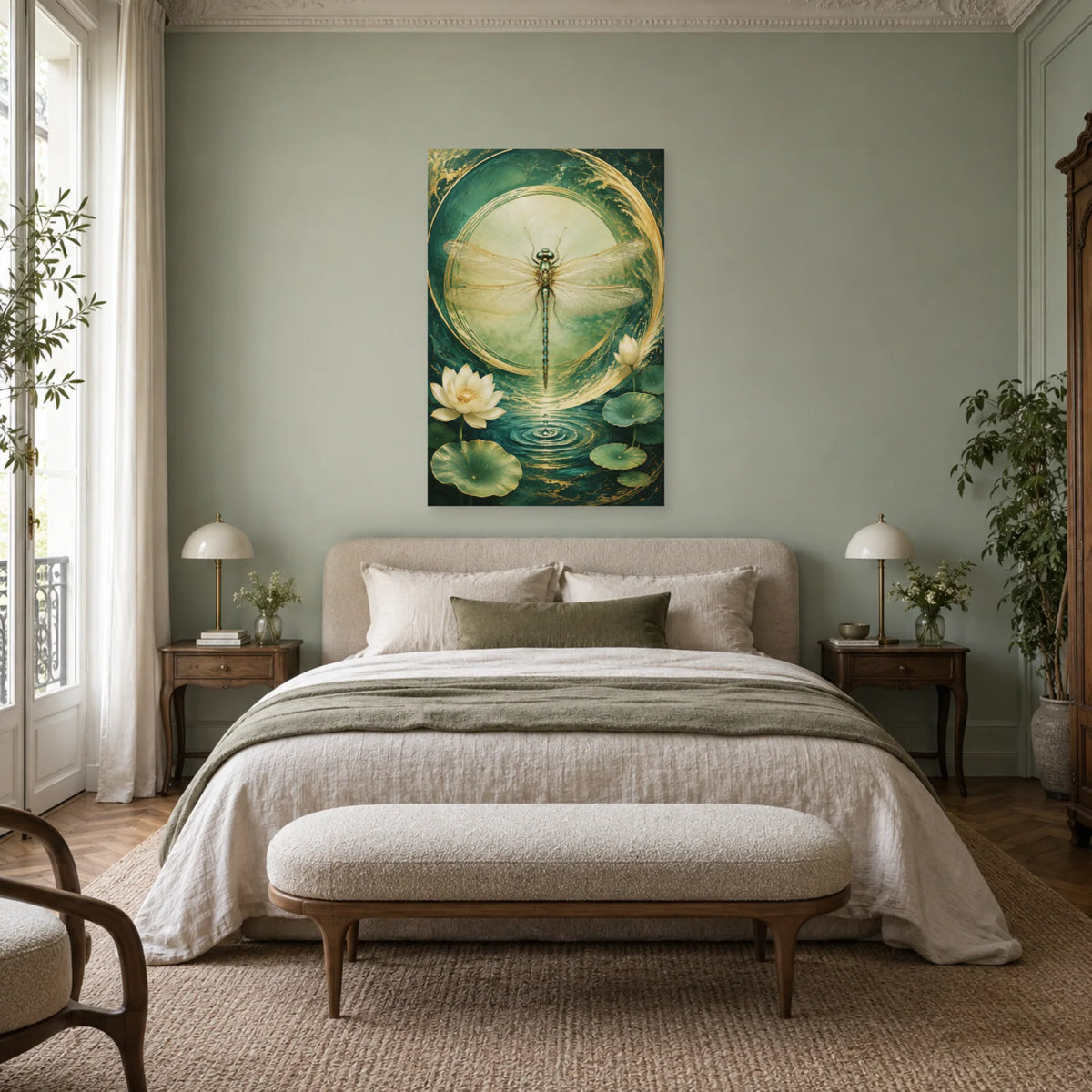 Affiche Libellule Feng Shui – Équilibre de jade dans une chambre - Art Virtuoso