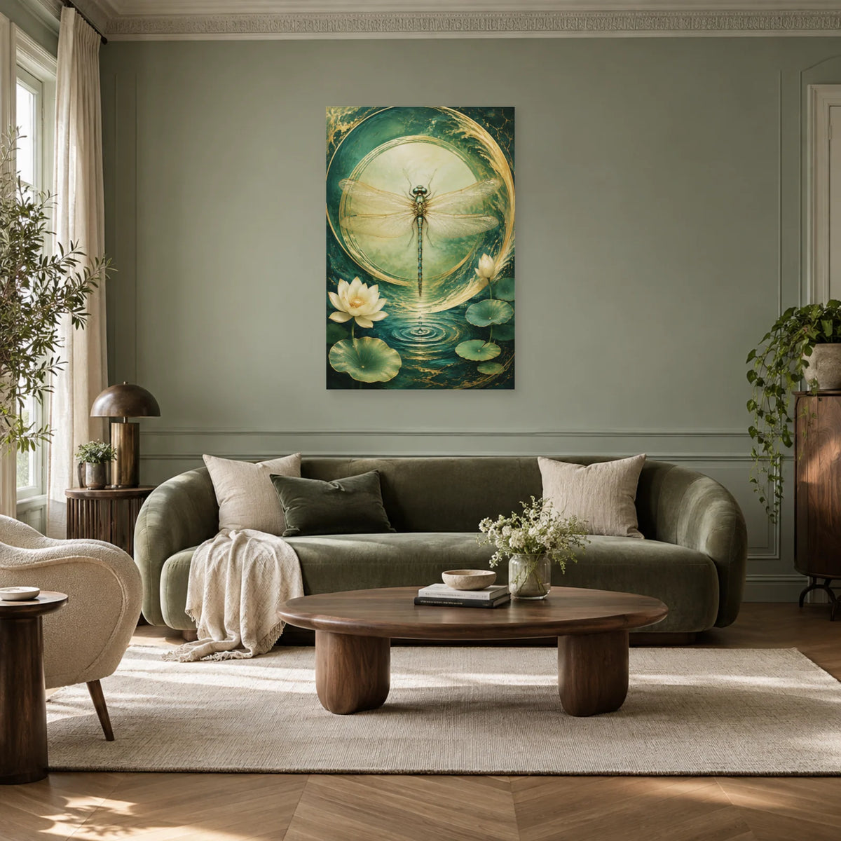 Affiche Libellule Feng Shui – Équilibre de jade dans un salon - Art Virtuoso