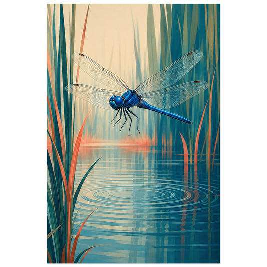 Affiche Libellule – Reflet d’étang, illustration naturaliste contemporaine / paysage graphique verticale, format 30 × 45 cm