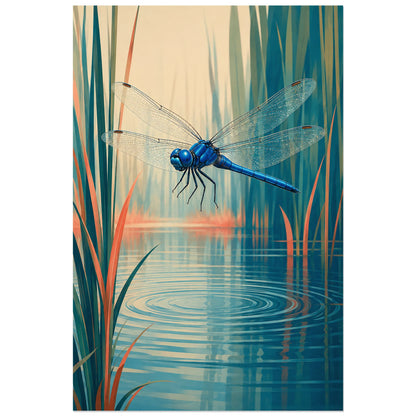 Affiche Libellule – Reflet d’étang, illustration naturaliste contemporaine / paysage graphique verticale, format 40 × 60 cm