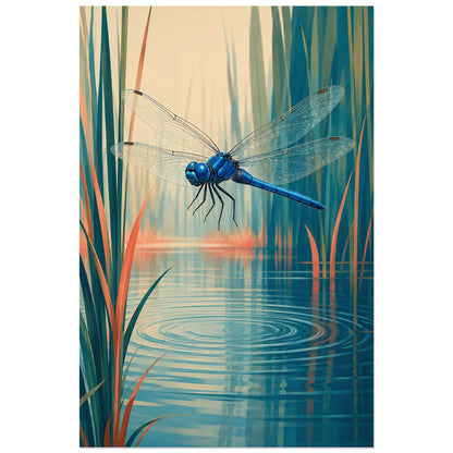 Affiche Libellule – Reflet d’étang, illustration naturaliste contemporaine / paysage graphique verticale, format 60 × 90 cm