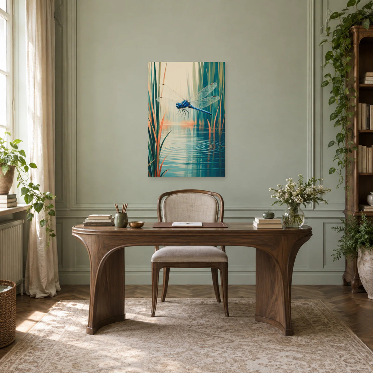 Affiche Libellule – Reflet d’étang dans un bureau - Art Virtuoso