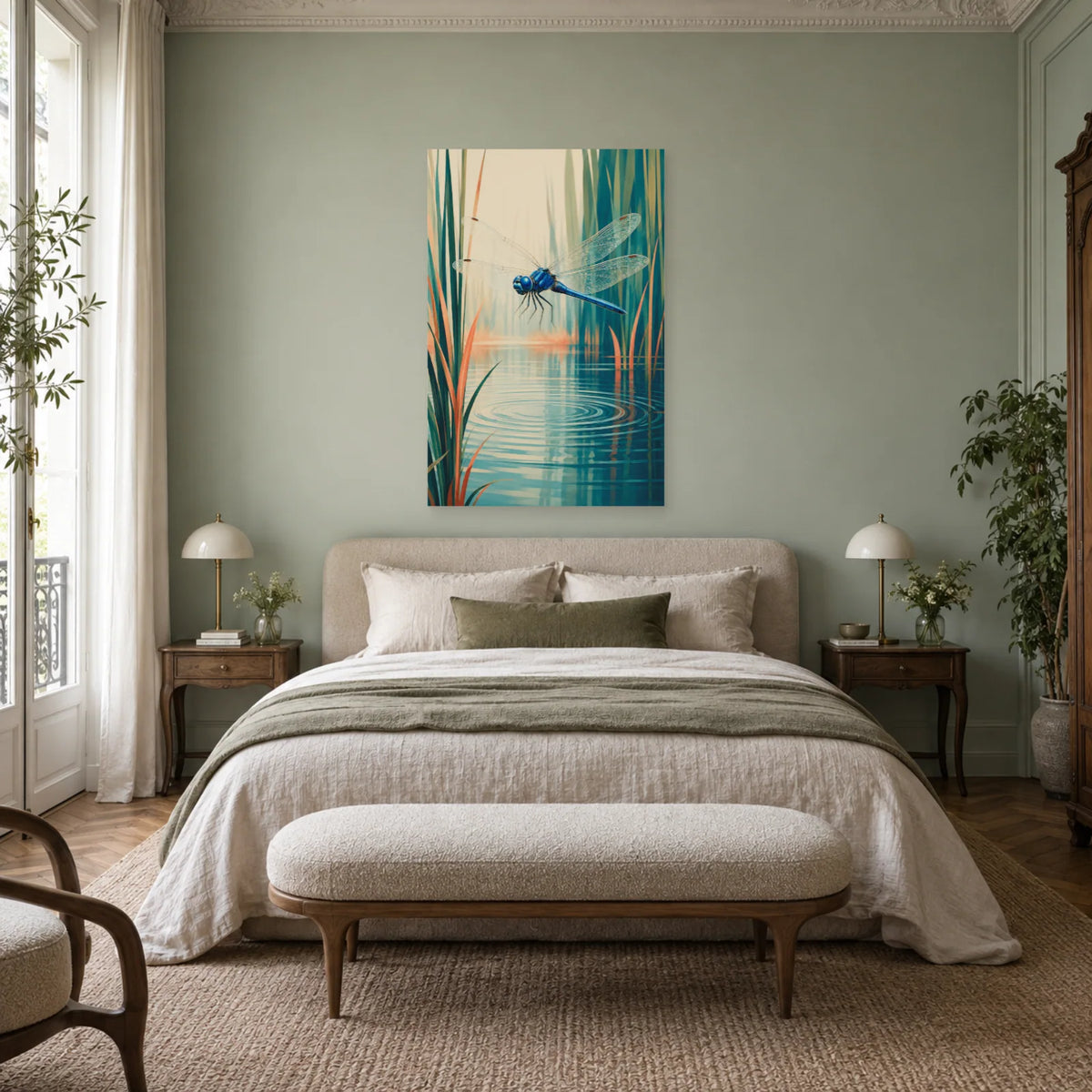 Affiche Libellule – Reflet d’étang dans une chambre - Art Virtuoso