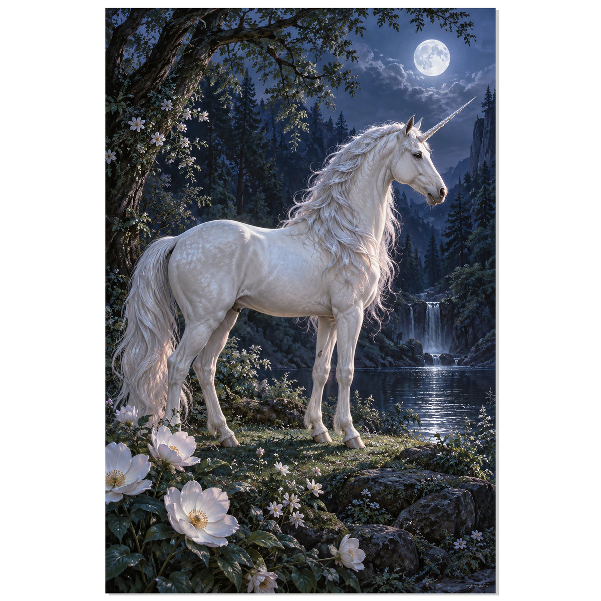 Licorne blanche sous la lune dans une forêt nocturne, affiche 30 × 45 cm