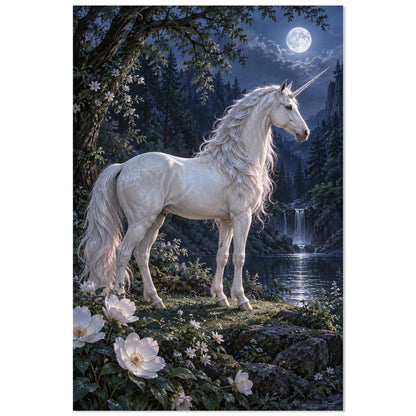 Licorne blanche sous la lune dans une forêt nocturne, affiche 30 × 45 cm