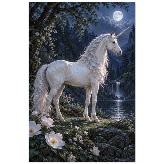 Licorne blanche sous la lune dans une forêt nocturne, affiche 30 × 45 cm