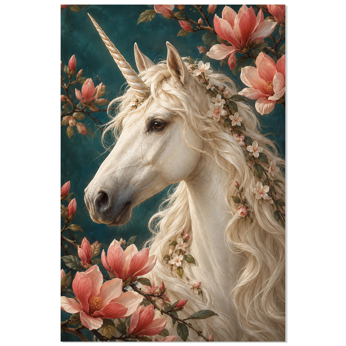 Portrait de licorne et magnolias corail, affiche 30 × 45 cm