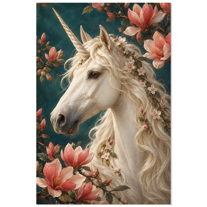 Affiche 60 × 90 cm représentant une licorne parmi les fleurs