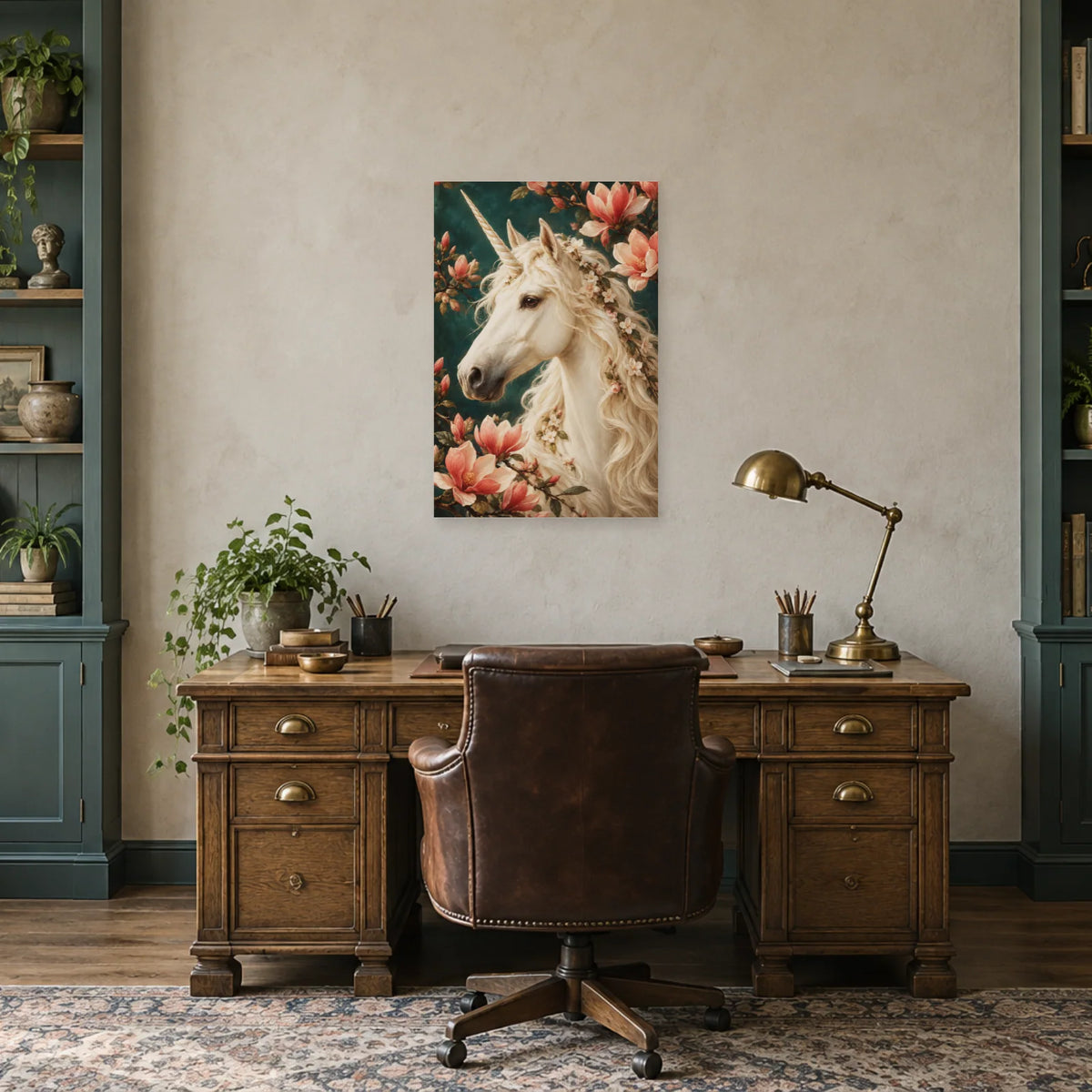 Affiche licorne en portrait fleuri dans un bureau - Art Virtuoso