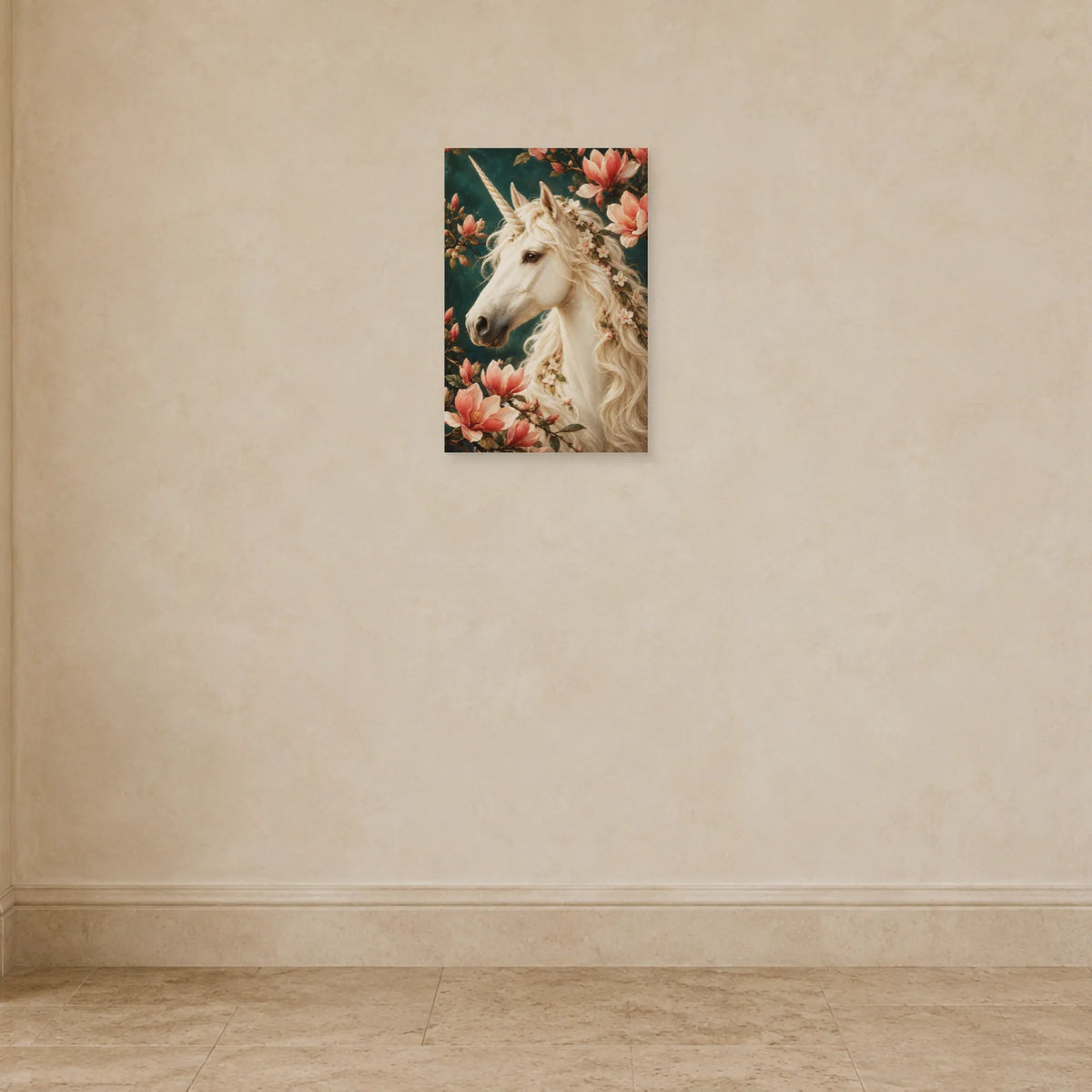 Affiche licorne en portrait fleuri dans une entrée ou un couloir - Art Virtuoso