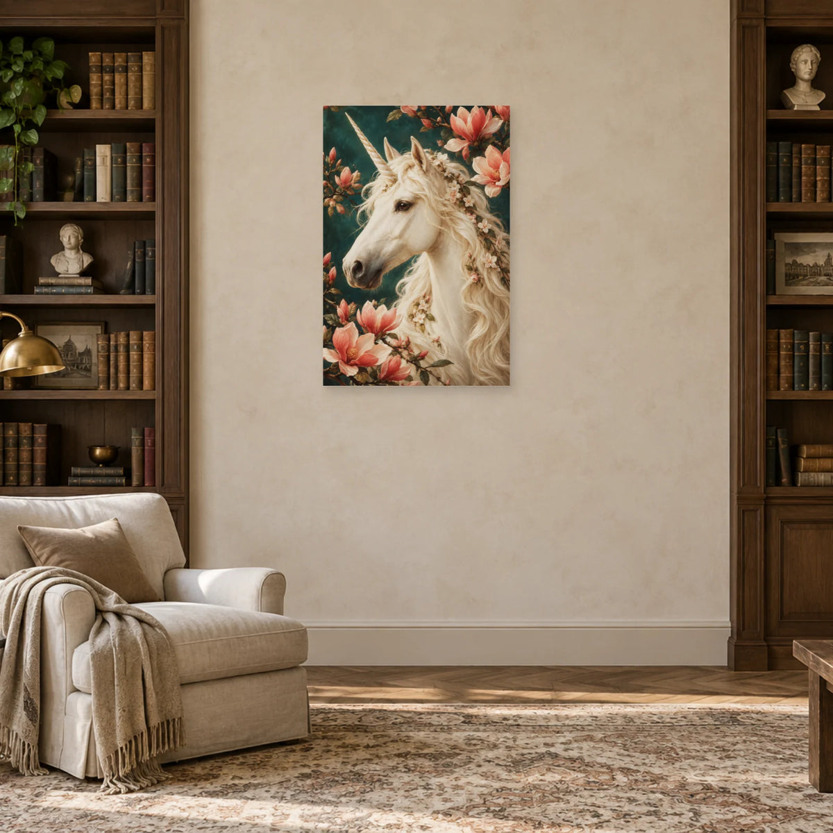 Affiche licorne en portrait fleuri dans un salon - Art Virtuoso