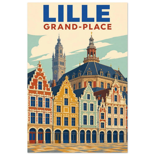Affiche Lille – Grand-Place, illustration verticale sérigraphie géométrique, format 30 × 45 cm