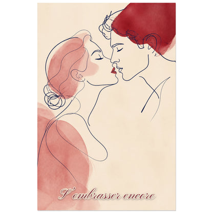 Affiche S’embrasser encore - Baiser line art, dessin au trait minimaliste accompagné de lavis aquarellés verticale, format 40 × 60 cm