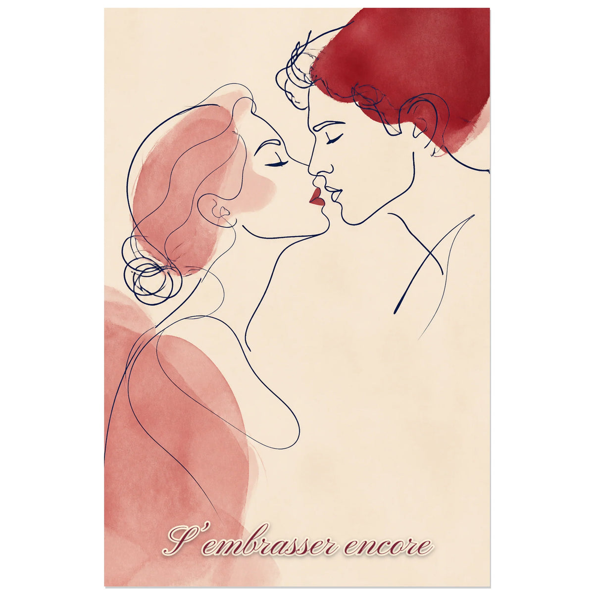 Affiche S’embrasser encore - Baiser line art, dessin au trait minimaliste accompagné de lavis aquarellés verticale, format 60 × 90 cm