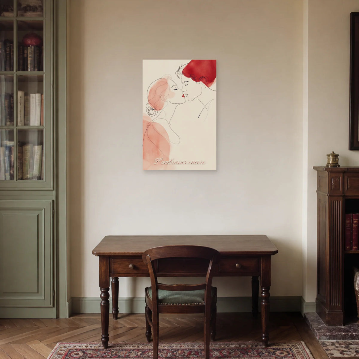 Affiche S’embrasser encore - Baiser line art dans un bureau - Art Virtuoso