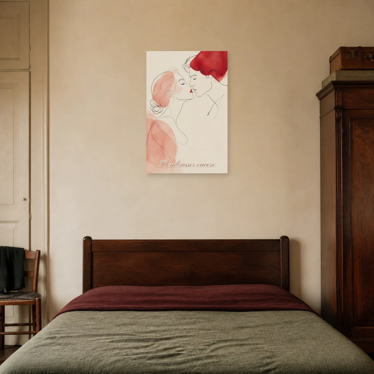 Affiche S’embrasser encore - Baiser line art dans une chambre - Art Virtuoso