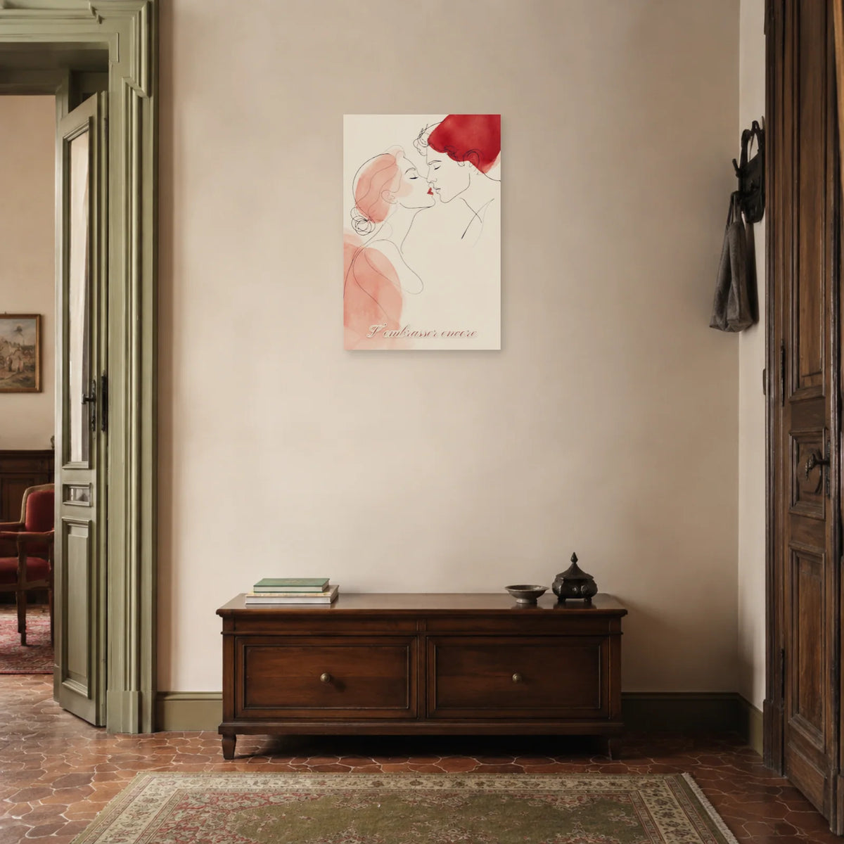 Affiche S’embrasser encore - Baiser line art dans une entrée ou un couloir - Art Virtuoso